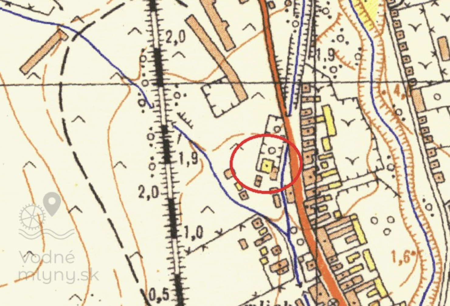 Topografická mapa mlyna z roku 1955